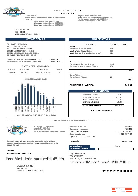 USA City of Missoula business utility bill template in Word and PDF formats